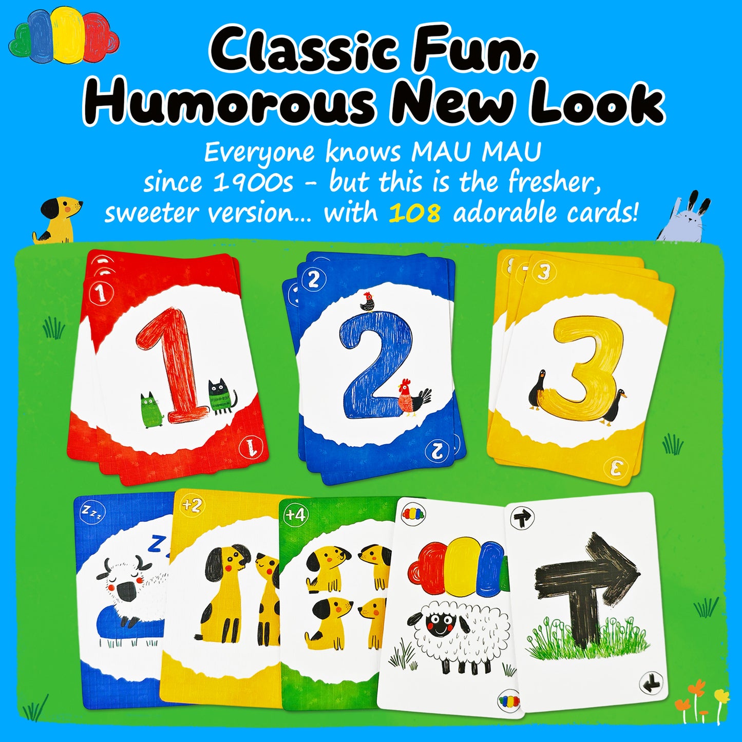 Mau Mau, Humorous Classic German Card Games, Crazy'8s, 108 Cards Party Pack, Colour & Number Matching Game for 2-6 Players, Easy and Fun for Family Game Night for Kids, Teens, Adults
