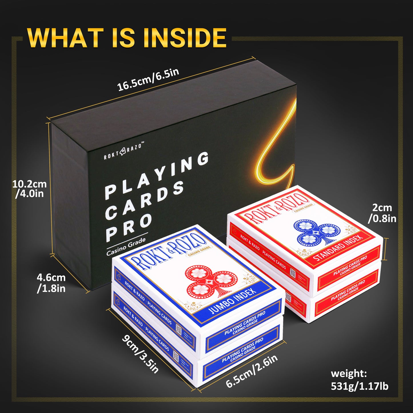 Playing Cards Pro, Casino Grade, German Blackcore Paperstock, Poker Size, 4 Index with 2 Standard and 2 Jumbo, Ultimate for Game Lovers