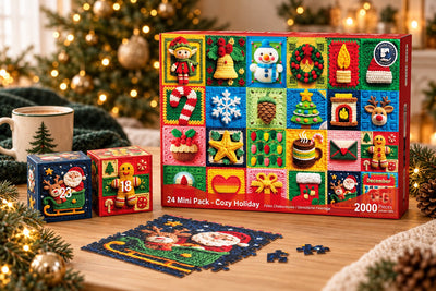 Cozy Holiday 2000-piece Christmas puzzle box with mini boxes 18 and 23 and a Santa puzzle section on a festive table.