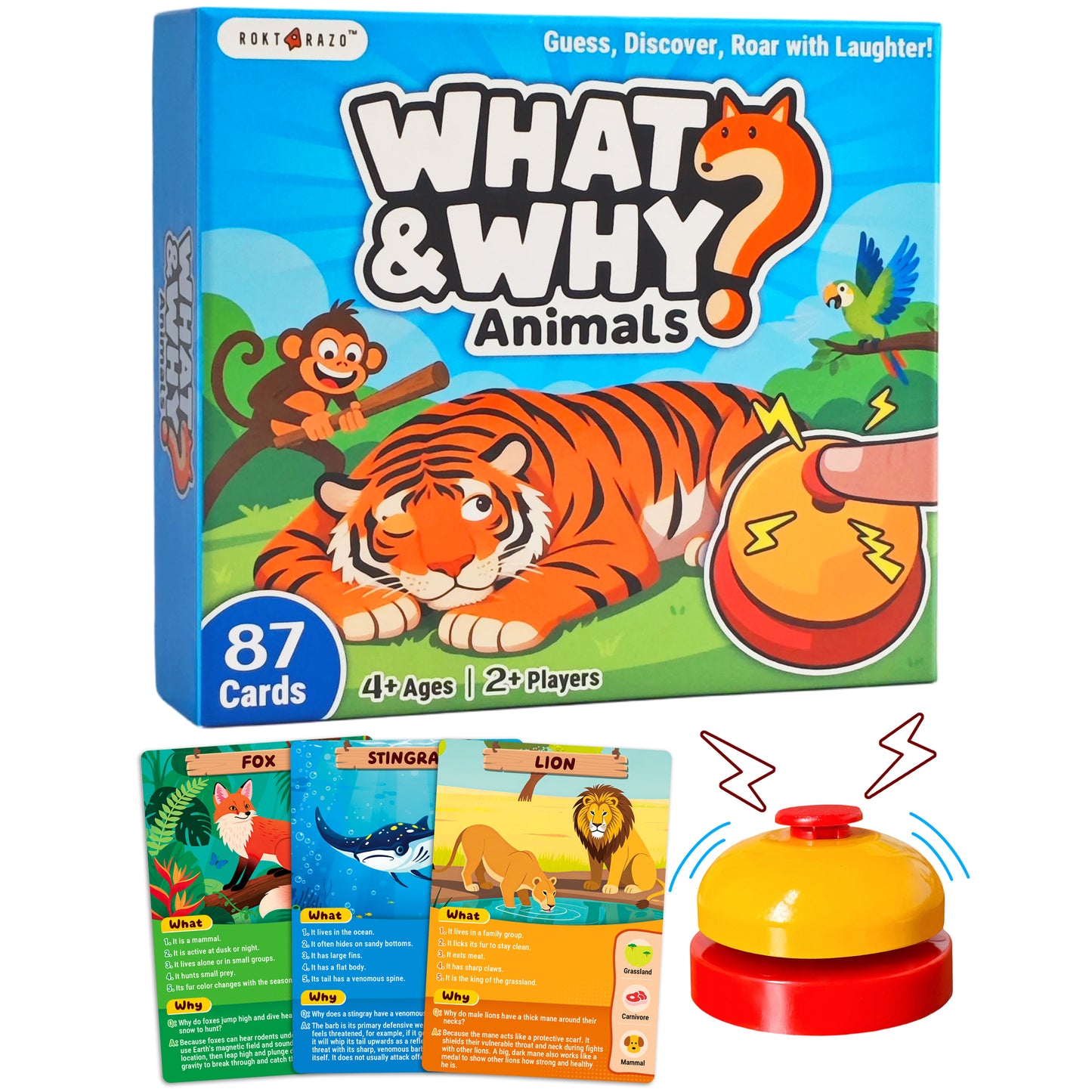 What&Why? Guess The Animal Card Game, 87 Jumbo Cards with The Bell