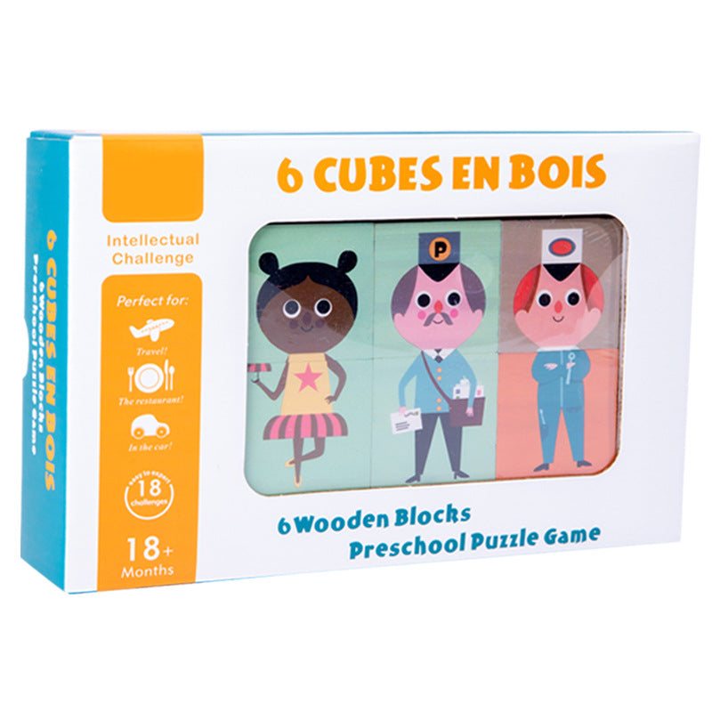 6 Wooden Blochs Preschool Puzzle Game,Boy Girl Face Changing Magic Cube Educational Building Blocks