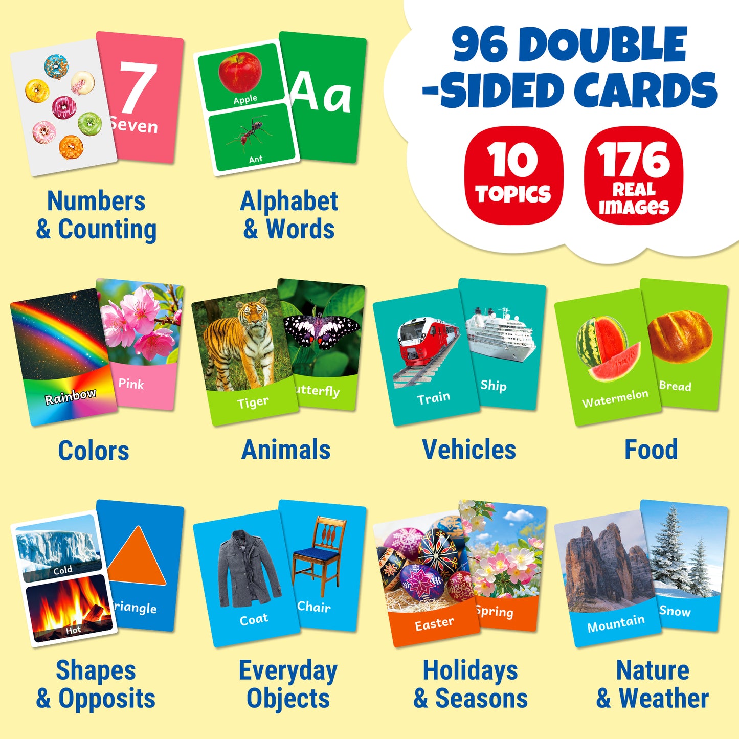 96 Jumbo Toddler Flash Cards, 10 Topics, 176 Real Images, Double-sided