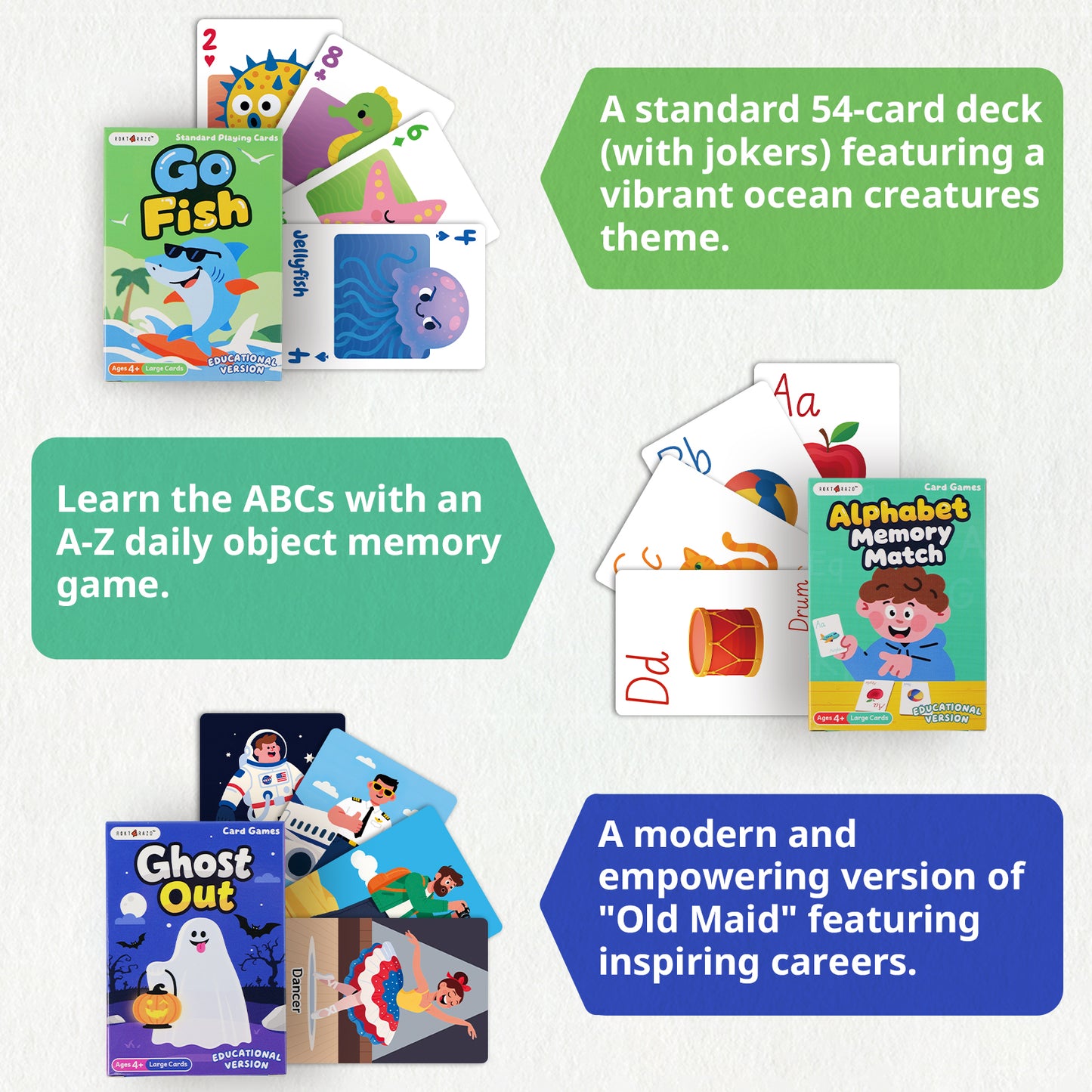 6 in 1 Educational Kids Card Games, Large Cards, Alphabet Memory Match, Slap Jack, Go Fish, Crazy Eights, War, Ghost Out (Formerly Old Maid)