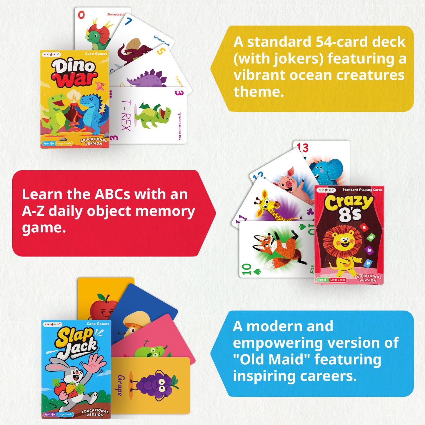 6 in 1 Educational Kids Card Games, Large Cards, Alphabet Memory Match, Slap Jack, Go Fish, Crazy Eights, War, Ghost Out (Formerly Old Maid)