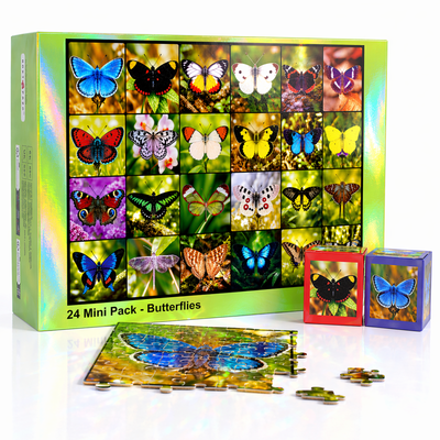 Butterfly Symphony, 24 Mini Pack 1000 Pieces Jigsaw Puzzles with Laser Iridescent Finish, 8 Puzzle Stickers, Finished Size 27.5 * 19.7 in