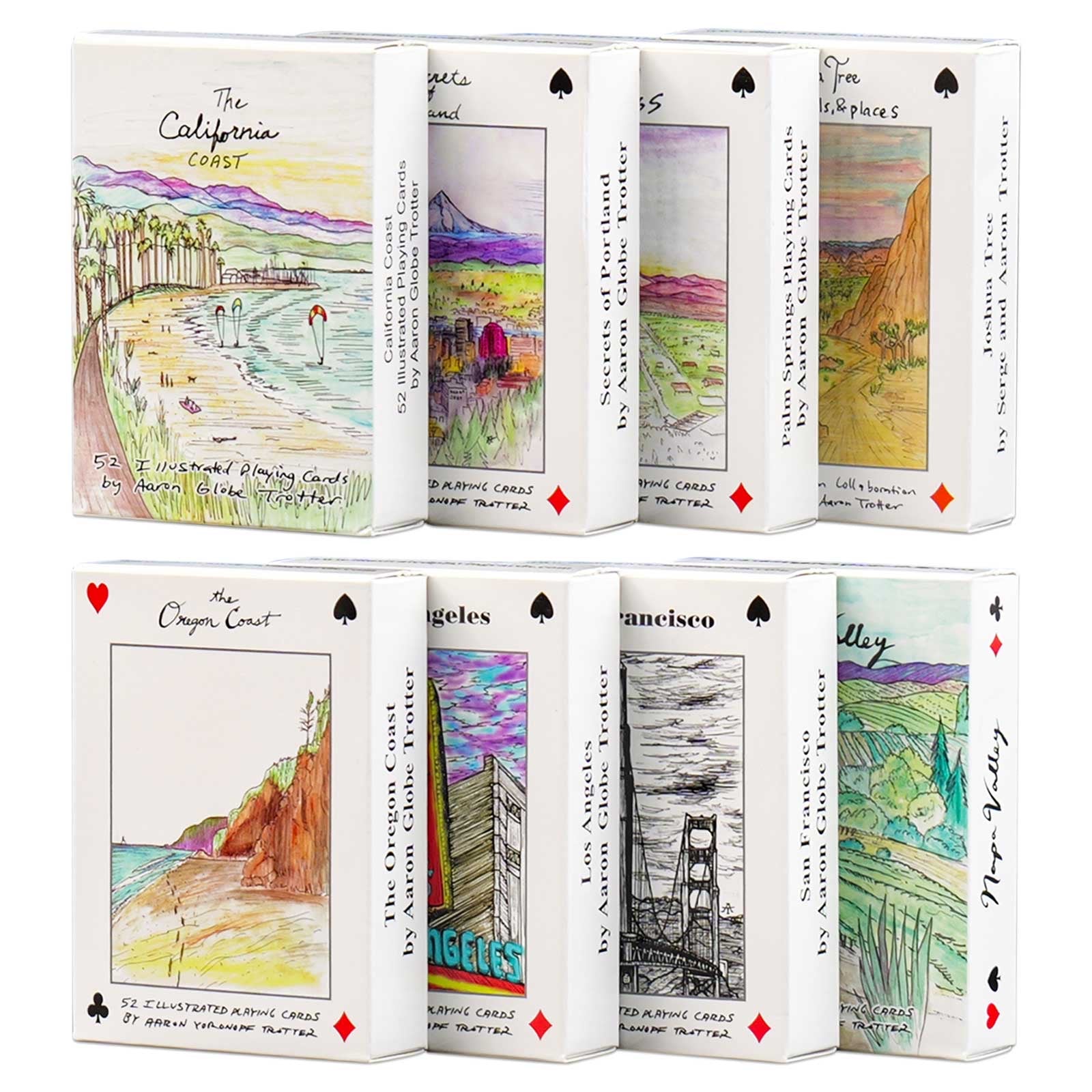 A collection of Aaron Trotter destination playing card boxes