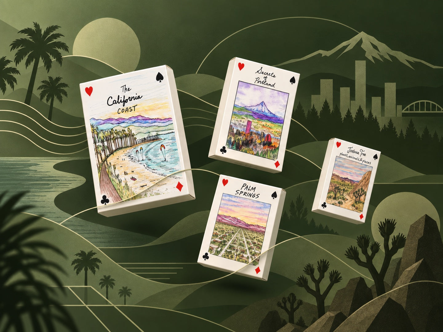 Illustrated playing card decks arranged across a layered forest-green landscape