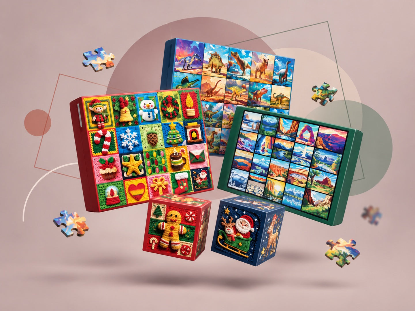 A scattered collection of colorful ROKT and RAZO puzzle boxes and puzzle pieces